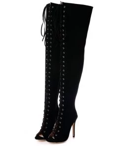 Trendy & Unique What's New Vintage Suede Lace Up Cut Out Stiletto Heel Thigh High Boots - Black