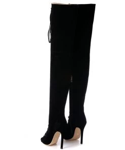 Trendy & Unique What's New Vintage Suede Lace Up Cut Out Stiletto Heel Thigh High Boots - Black