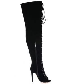 Trendy & Unique What's New Vintage Suede Lace Up Cut Out Stiletto Heel Thigh High Boots - Black