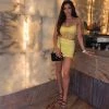 Trendy & Unique What's New Vocational Halter Cowl Neck Ruched Mesh Skirt Matching Set - Yellow