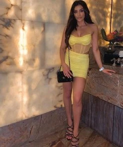 Trendy & Unique What's New Vocational Halter Cowl Neck Ruched Mesh Skirt Matching Set - Yellow