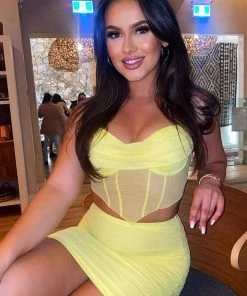 Trendy & Unique What's New Vocational Halter Cowl Neck Ruched Mesh Skirt Matching Set - Yellow