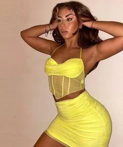 Trendy & Unique What's New Vocational Halter Cowl Neck Ruched Mesh Skirt Matching Set - Yellow