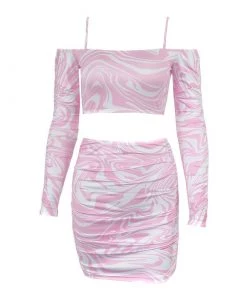 Trendy & Unique Wavy Tie Dye Cold Shoulder Cami Strap Skirt Matching Set - Pink What's New