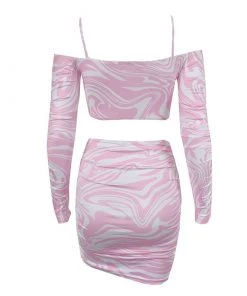 Trendy & Unique Wavy Tie Dye Cold Shoulder Cami Strap Skirt Matching Set - Pink What's New