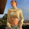 Trendy & Unique Weird Striped High Neck Long Sleeve Rib Knit Crop Sweater - Apricot