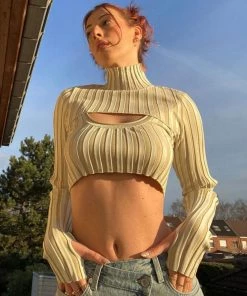 Trendy & Unique Weird Striped High Neck Long Sleeve Rib Knit Crop Sweater - Apricot