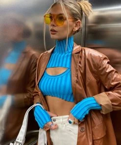 Trendy & Unique What's New Weird Striped High Neck Long Sleeve Rib Knit Crop Sweater - Blue