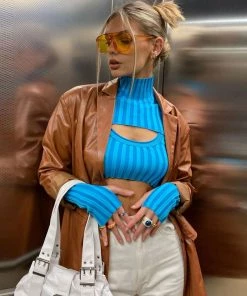 Trendy & Unique What's New Weird Striped High Neck Long Sleeve Rib Knit Crop Sweater - Blue