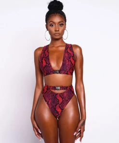 Trendy & Unique What's New Wild Snake Printed High Waist High Cut Triangle Thong Bikini Set - Red