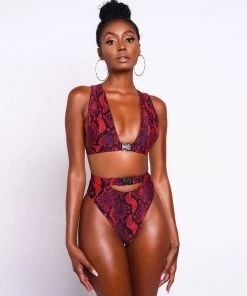 Trendy & Unique What's New Wild Snake Printed High Waist High Cut Triangle Thong Bikini Set - Red