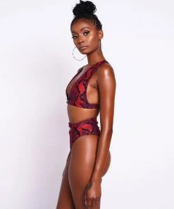 Trendy & Unique What's New Wild Snake Printed High Waist High Cut Triangle Thong Bikini Set - Red