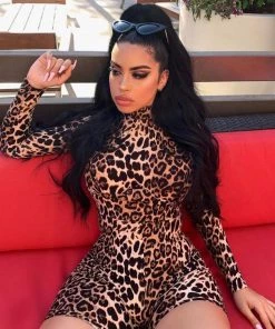 Trendy & Unique What's New Wild Style Leopard Printed High Neck Long Sleeve Romper - Coffee