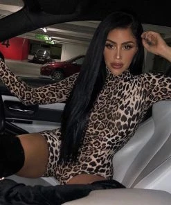 Trendy & Unique What's New Wild Style Leopard Printed High Neck Long Sleeve Romper - Coffee