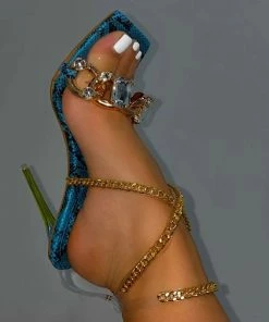 Trendy & Unique Wild Style Snake Print Gem Trim Chain Strap High Heels - Blue What's New