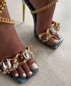 Trendy & Unique Wild Style Snake Print Gem Trim Chain Strap High Heels - Blue What's New