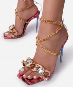 Trendy & Unique What's New Wild Style Snake Print Gem Trim Chain Strap High Heels - Red