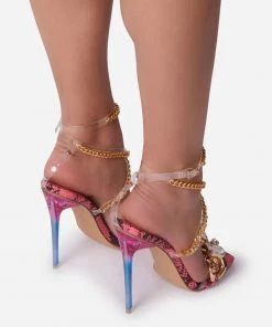 Trendy & Unique What's New Wild Style Snake Print Gem Trim Chain Strap High Heels - Red