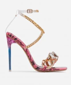 Trendy & Unique What's New Wild Style Snake Print Gem Trim Chain Strap High Heels - Red