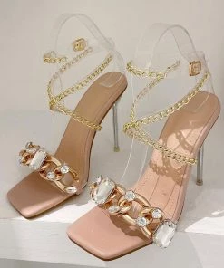 Trendy & Unique What's New Wild Style Square Toe Gem Trim Chain Strap High Heels - Apricot
