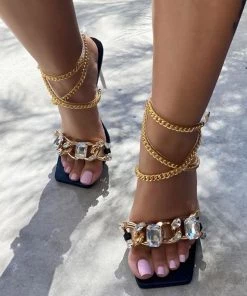 Trendy & Unique Wild Style Square Toe Gem Trim Chain Strap High Heels - Black What's New