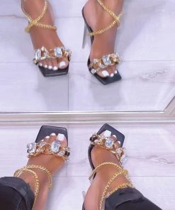 Trendy & Unique Wild Style Square Toe Gem Trim Chain Strap High Heels - Black What's New