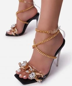 Trendy & Unique Wild Style Square Toe Gem Trim Chain Strap High Heels - Black What's New 7 Trendy & Unique Wild Style Square Toe Gem Trim Chain Strap High Heels - Black What's New