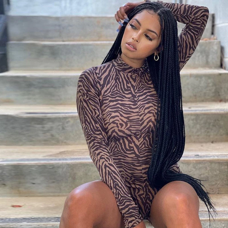 Trendy & Unique Wild Style Zebra Printed High Neck Long Sleeve Romper - Coffee What's New 4 Trendy & Unique Wild Style Zebra Printed High Neck Long Sleeve Romper - Coffee What's New